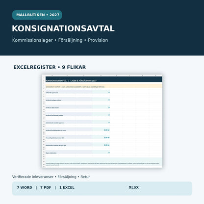 Excel för kommissionslager 2027 – verifierade inleveranser, sålda varor, returer, provision och administrativ lagerrest