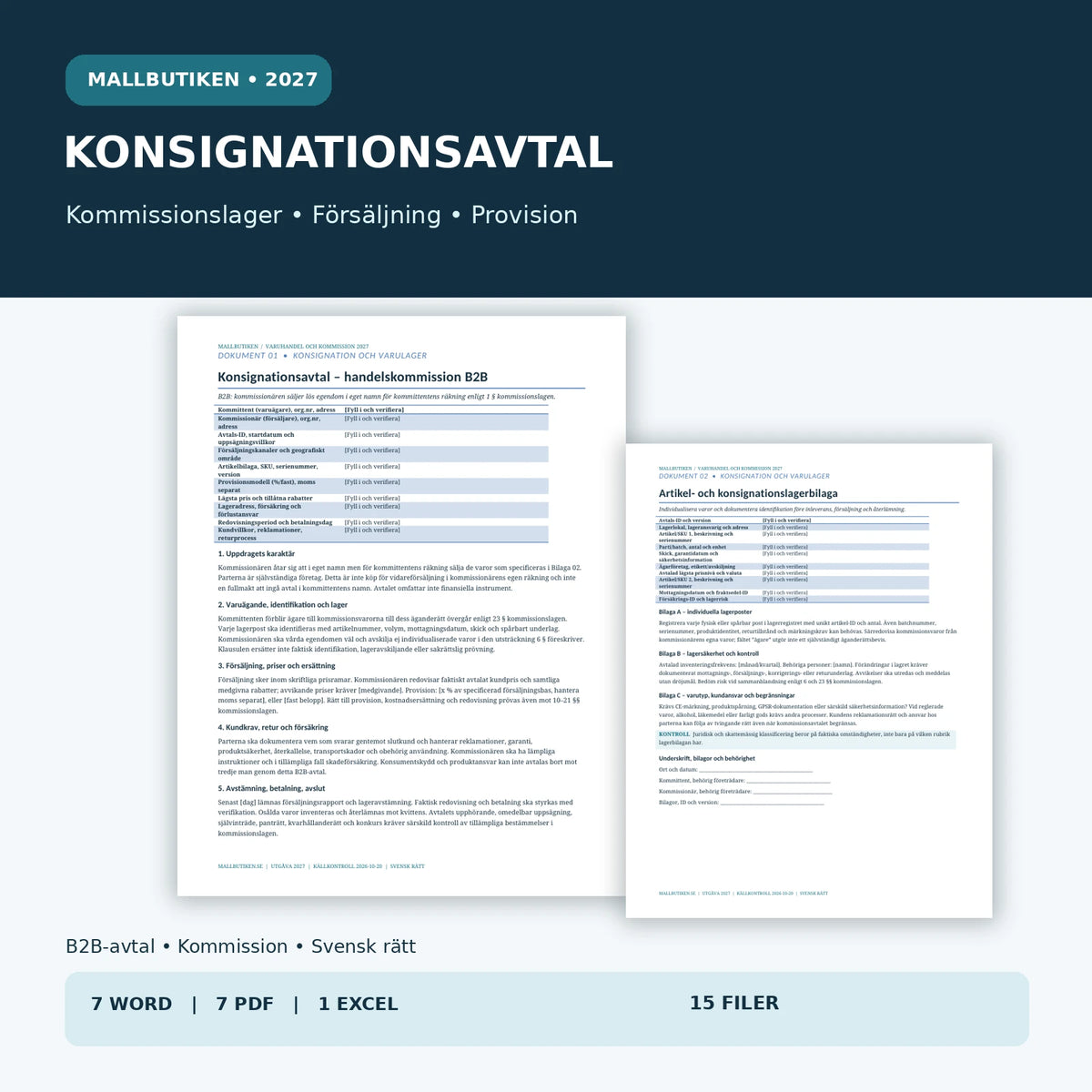 Konsignationslager och lagerredovisning B2B 2027 – 7 Word, 7 PDF och Excel med nio flikar