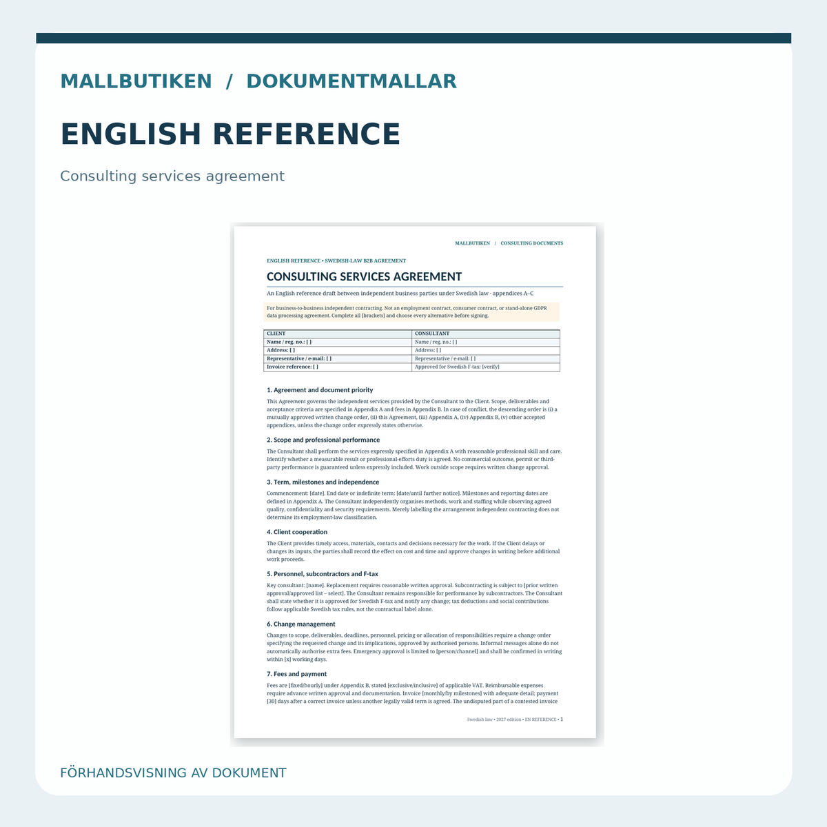 Consulting Services Agreement under Swedish law, English reference