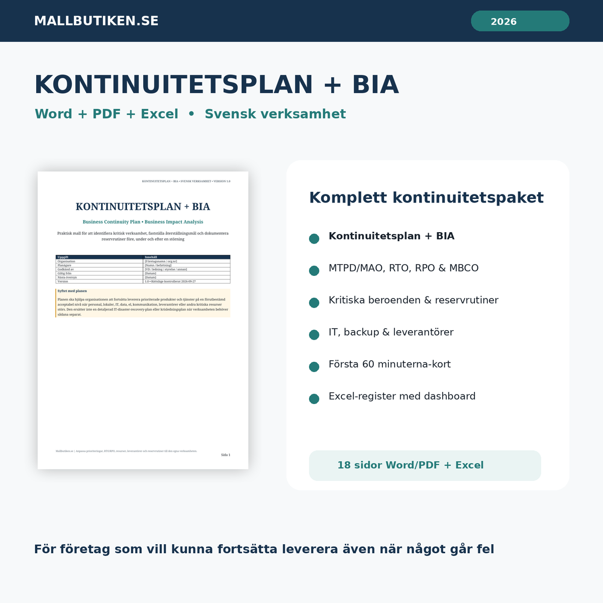 Kontinuitetsplan och BIA mall 2026 i Word PDF och Excel