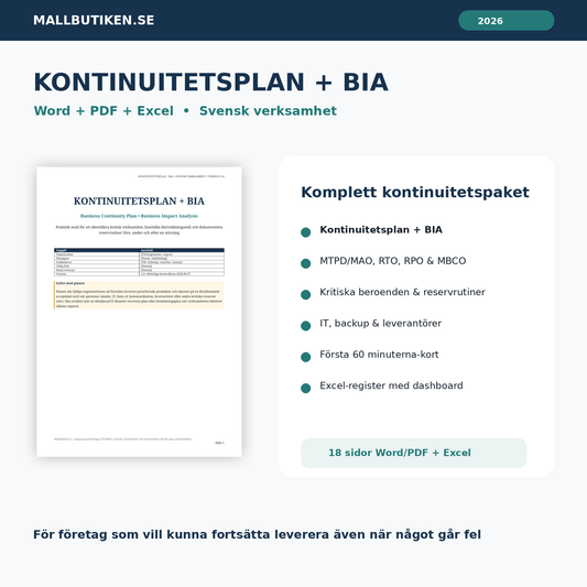 Kontinuitetsplan och BIA mall 2026 i Word PDF och Excel