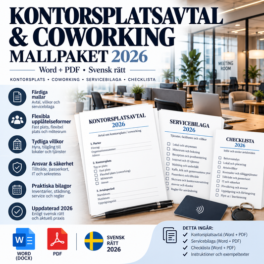 Kontorsplatsavtal och coworking mallpaket 2026 – Word och PDF