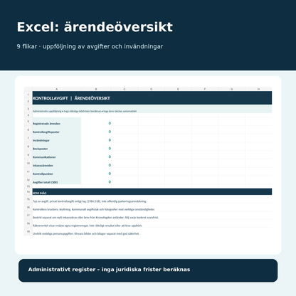 Excel register för kontrollavgift parkering, ärenden, bevis, inkassokrav och invändningar nio flikar
