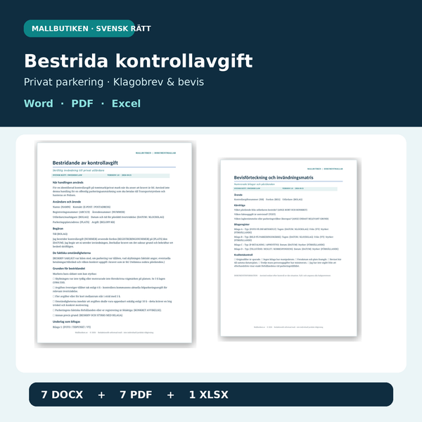 Bestridande av kontrollavgift på privat parkeringsplats – faktiska Word PDF mallar med bevisförteckning och Excel