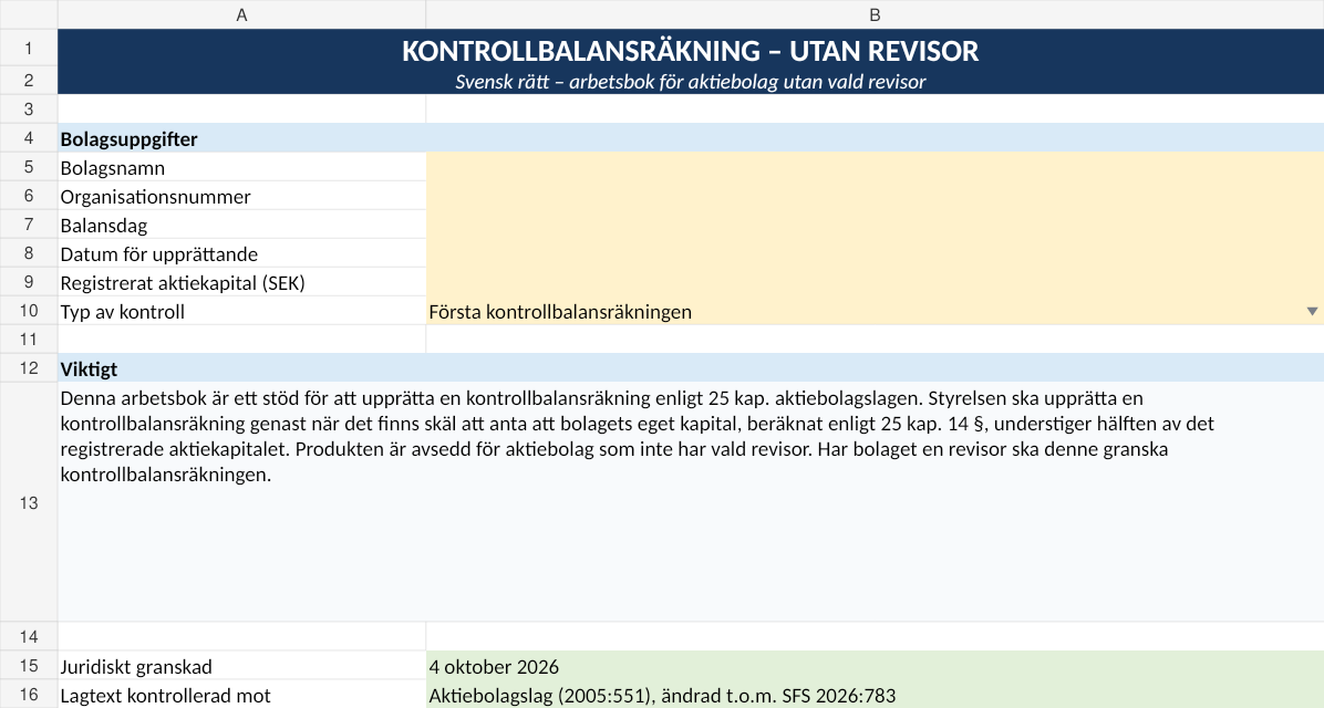 Förhandsvisning av svensk Excelmall för kontrollbalansräkning