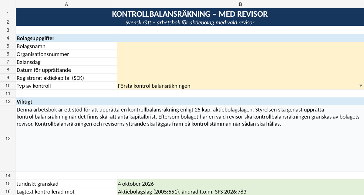 Förhandsvisning av Excelmall för kontrollbalansräkning med revisor
