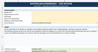 Förhandsvisning av Excelmall för kontrollbalansräkning med revisor