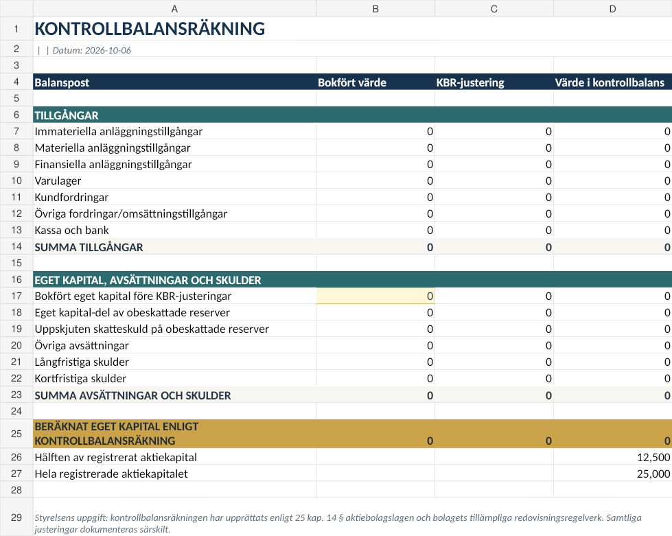 Swedish reference preview of control balance sheet Excel template