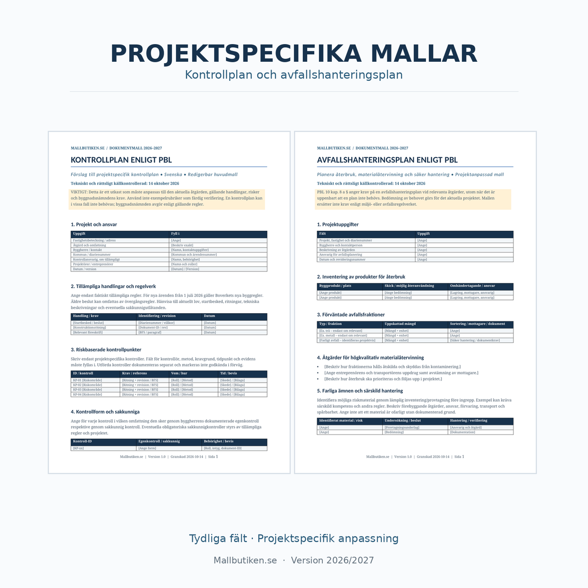 Kontrollplan och avfallshanteringsplan PBL – redigerbara dokument i Word och PDF