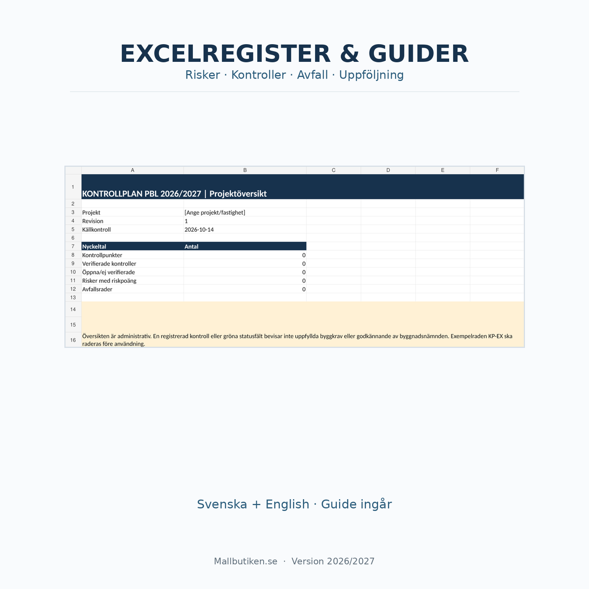 Kontrollplan PBL Excelregister med risker kontroller avfall och användarguider
