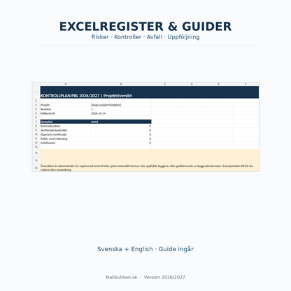 Kontrollplan PBL Excelregister med risker kontroller avfall och användarguider
