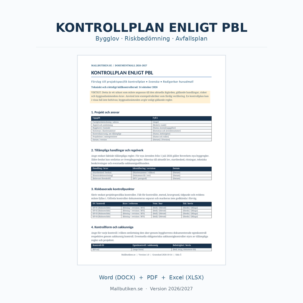 Kontrollplan enligt PBL 2026 2027 för bygglov – Word PDF Excel