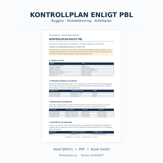 Kontrollplan enligt PBL 2026 2027 för bygglov – Word PDF Excel