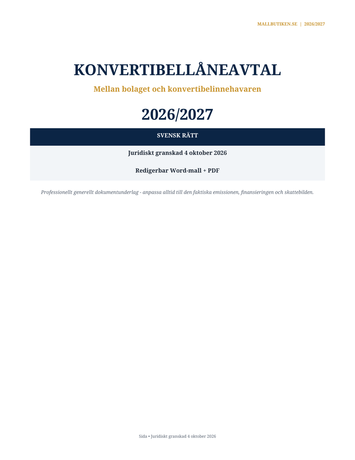 Omslag till svenskt Konvertibellåneavtal 2026/2027 enligt svensk rätt