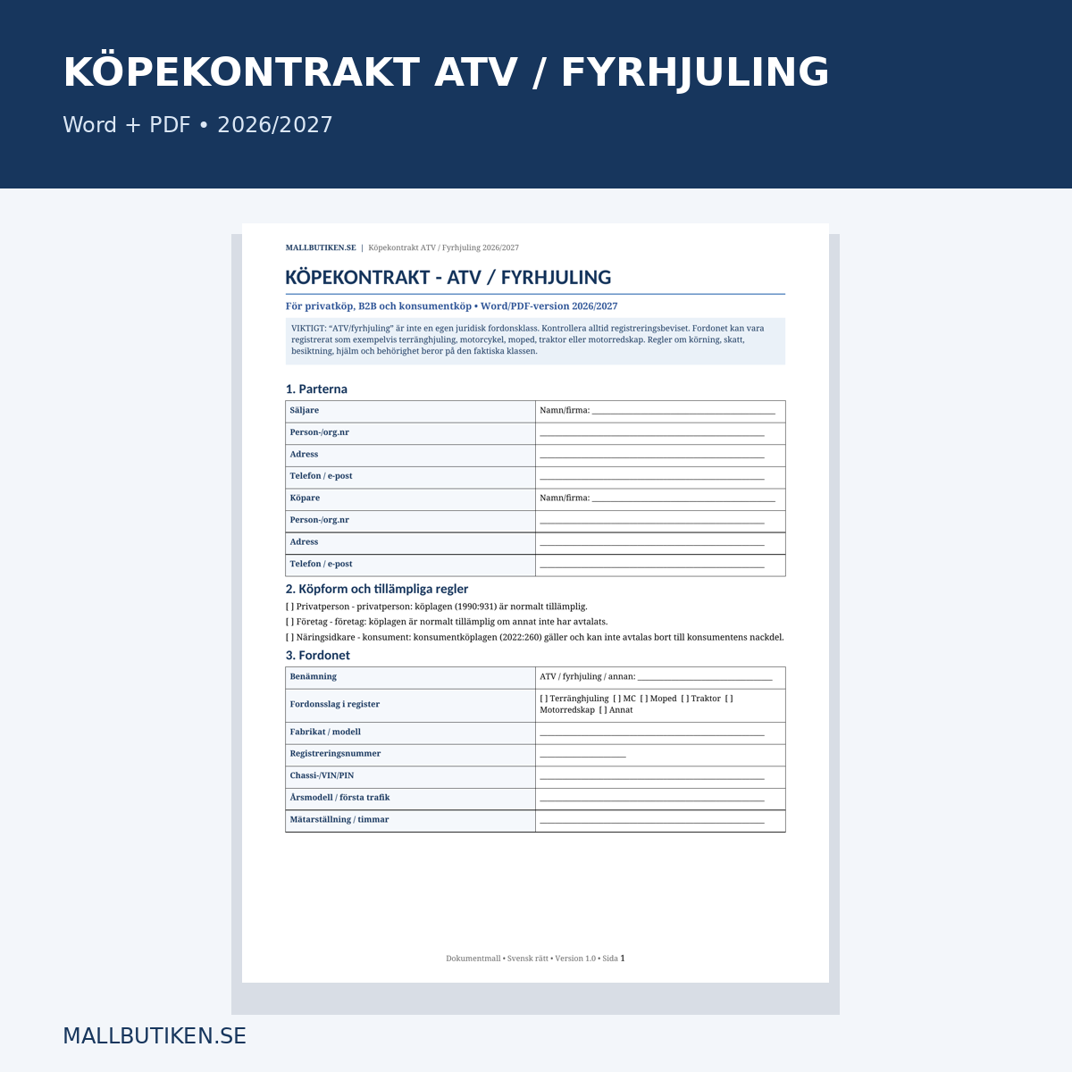 Köpekontrakt ATV fyrhjuling 2026/2027 – Word PDF mallpaket