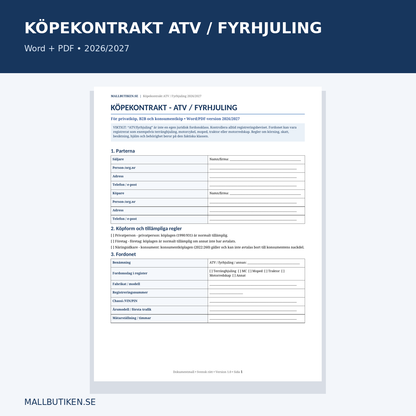 Köpekontrakt ATV fyrhjuling 2026/2027 – Word PDF mallpaket