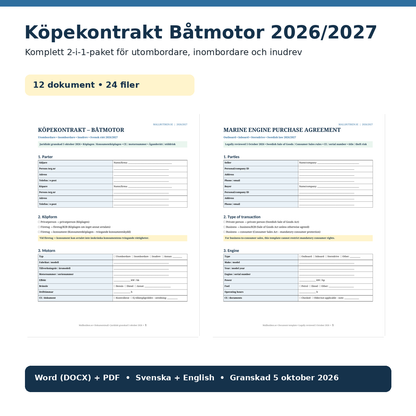 Köpekontrakt båtmotor 2026/2027 svenska engelska Word PDF mallpaket