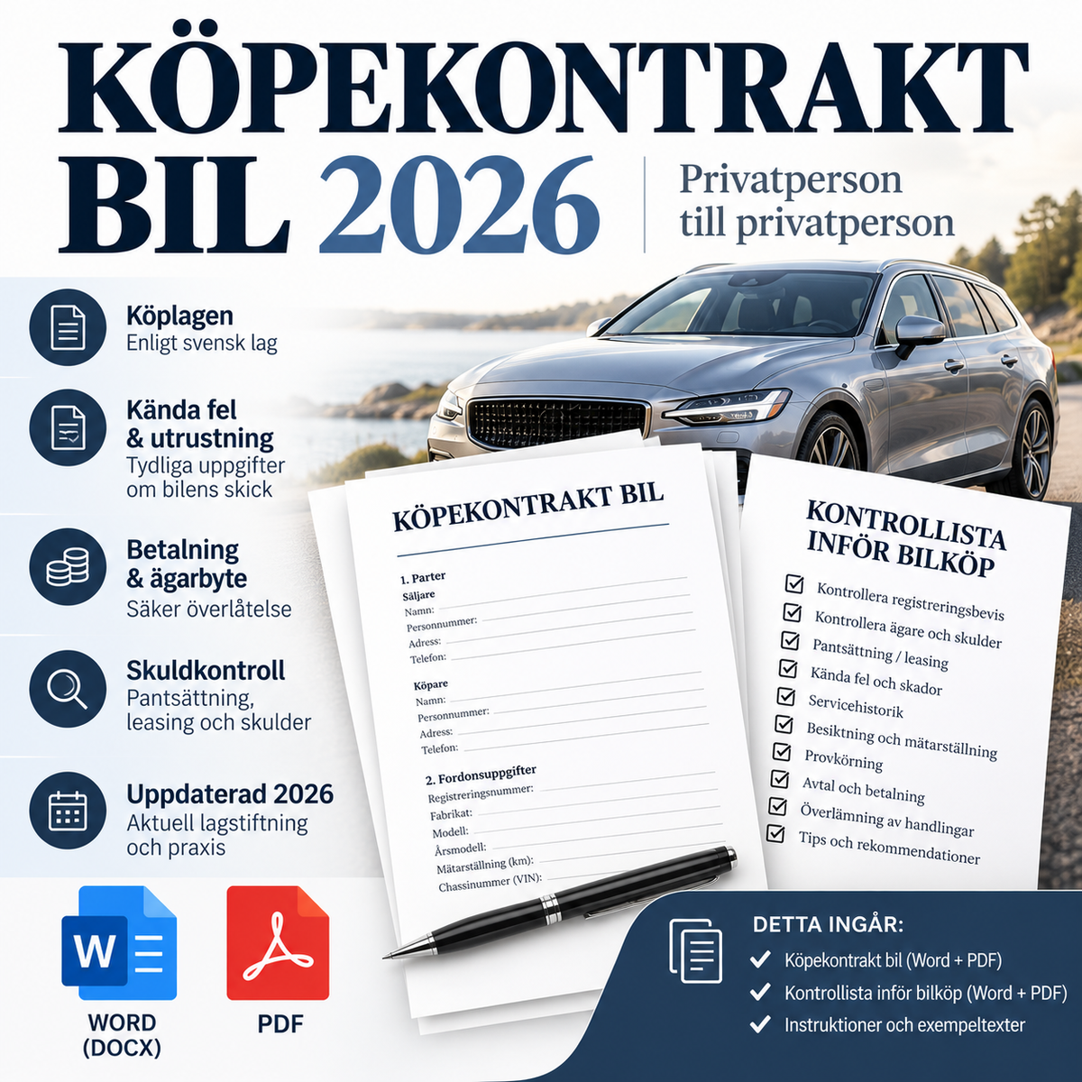 Köpekontrakt bil 2026 privatperson till privatperson – Word och PDF