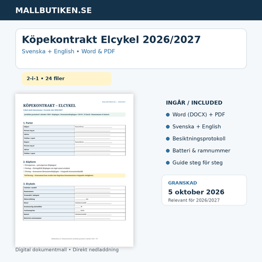 Köpekontrakt elcykel 2026/2027 svenska engelska Word PDF mallpaket