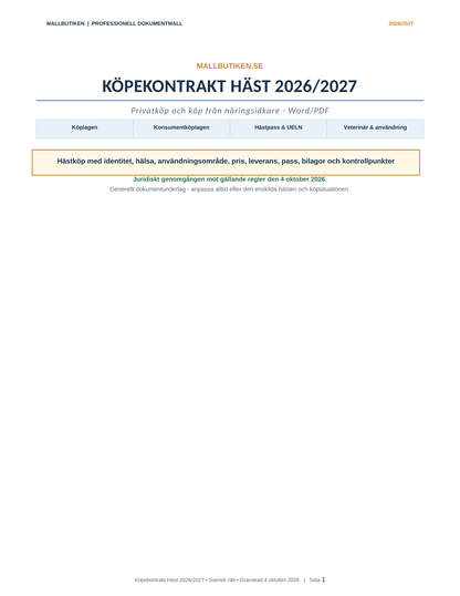 Köpekontrakt Häst 2026/2027 Word PDF svensk rätt
