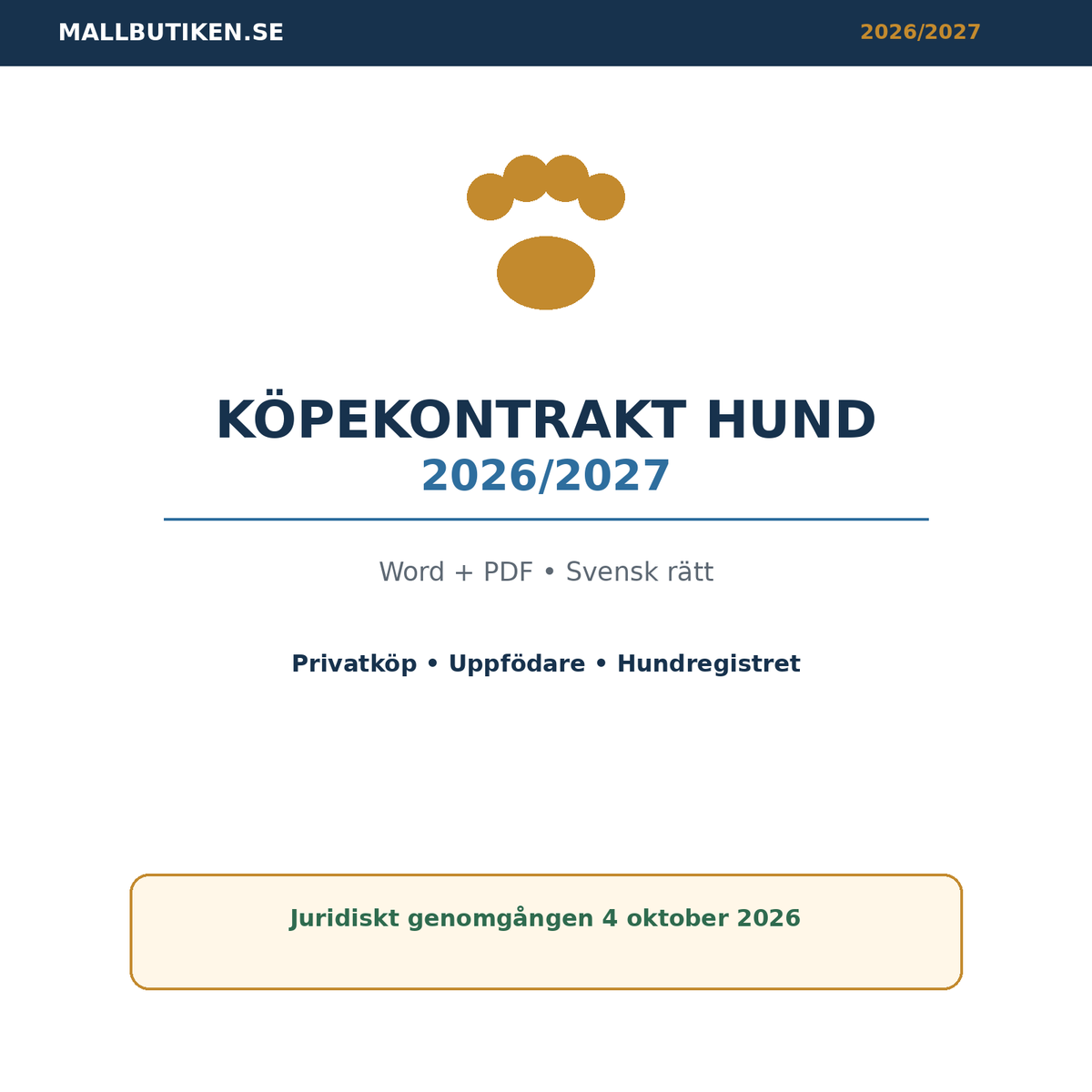 Köpekontrakt hund 2026/2027 Word PDF svensk rätt