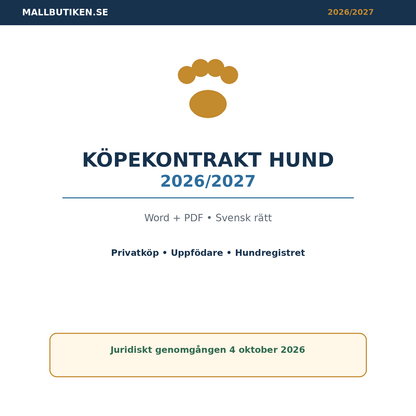 Köpekontrakt hund 2026/2027 Word PDF svensk rätt