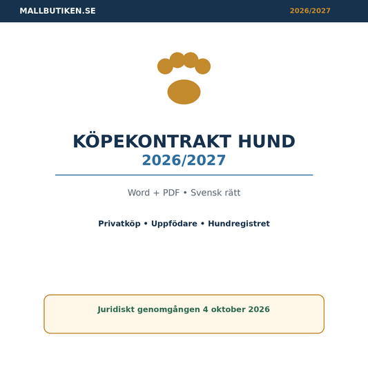 Köpekontrakt hund 2026/2027 Word PDF svensk rätt