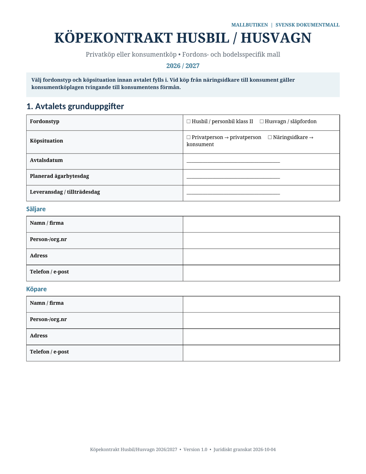 Köpekontrakt husbil husvagn 2026/2027 Word PDF svensk rätt