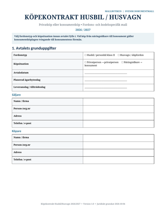 Köpekontrakt husbil husvagn 2026/2027 Word PDF svensk rätt