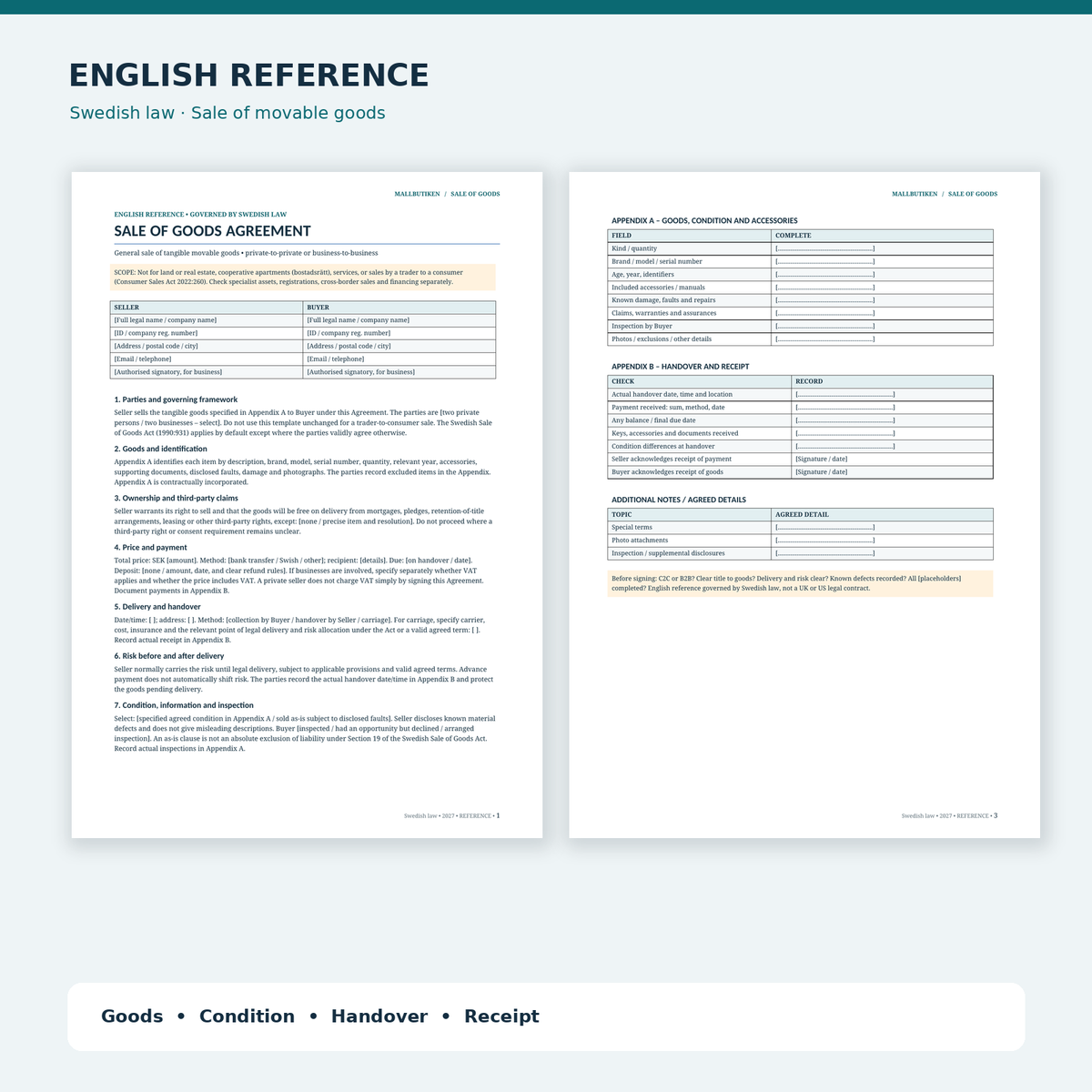 Sale of Goods Agreement Swedish law – English reference preview
