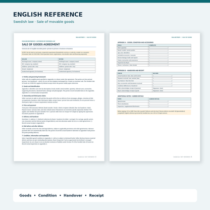 Sale of Goods Agreement Swedish law – English reference preview