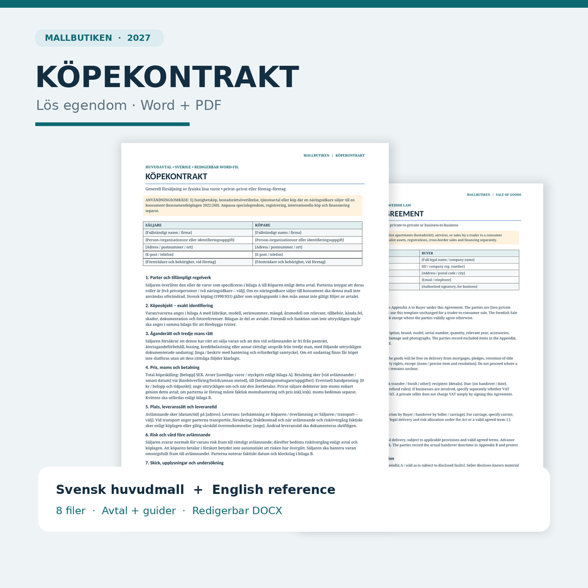 Köpekontrakt för lös egendom – Word PDF svensk mall och English reference