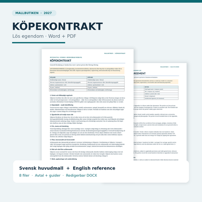 Köpekontrakt för lös egendom – Word PDF svensk mall och English reference