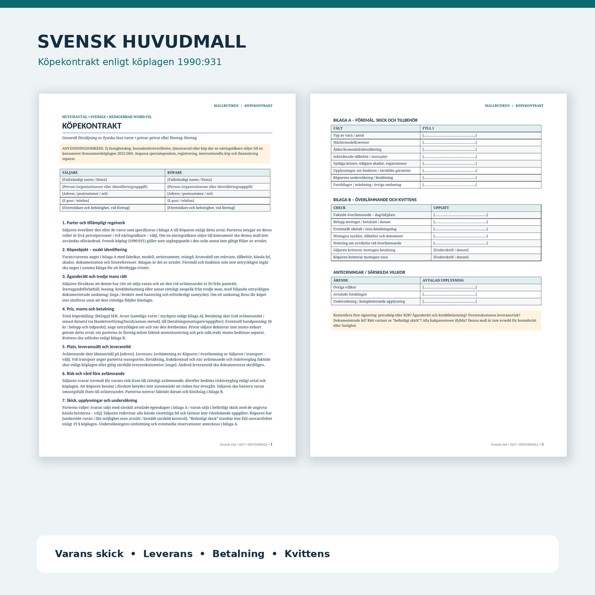 Svensk mall för köp av lös egendom med skick bilagor och kvittens