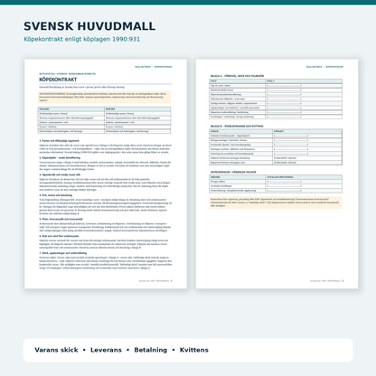Svensk mall för köp av lös egendom med skick bilagor och kvittens