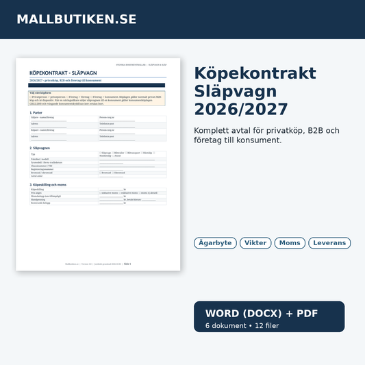 Köpekontrakt släpvagn 2026/2027 – Word PDF mallpaket