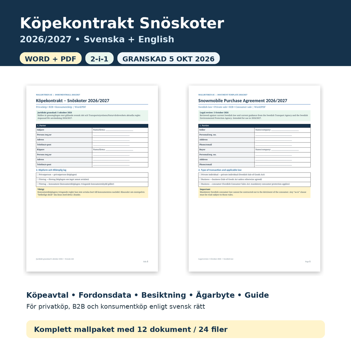 Köpekontrakt snöskoter 2026/2027 svenska engelska Word PDF mallpaket