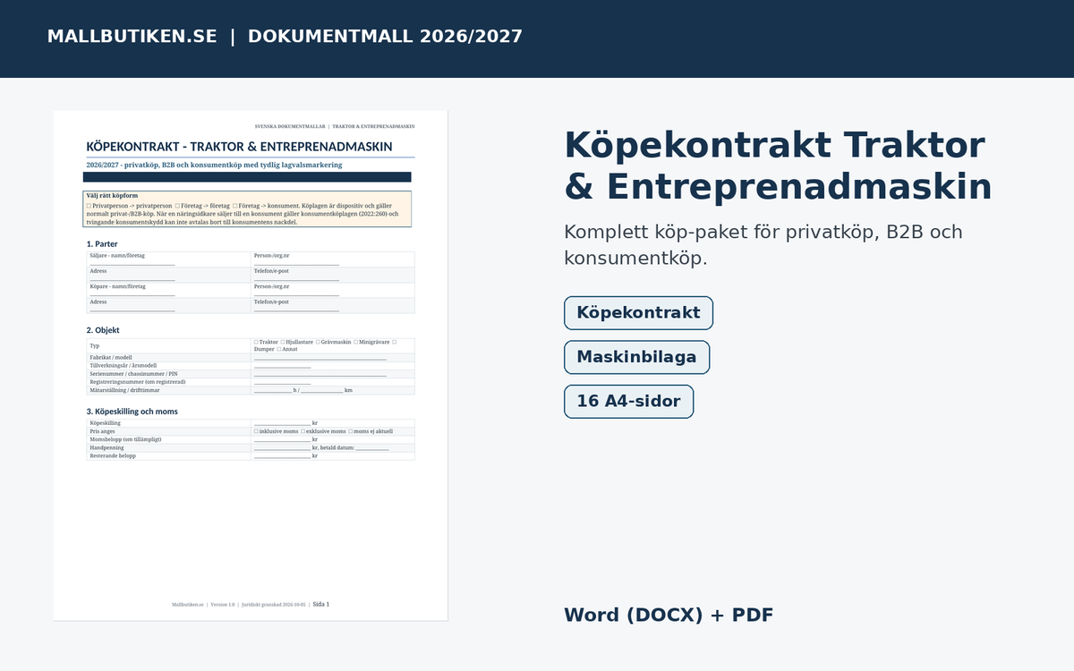 Köpekontrakt traktor och entreprenadmaskin 2026/2027 – Word PDF mallpaket