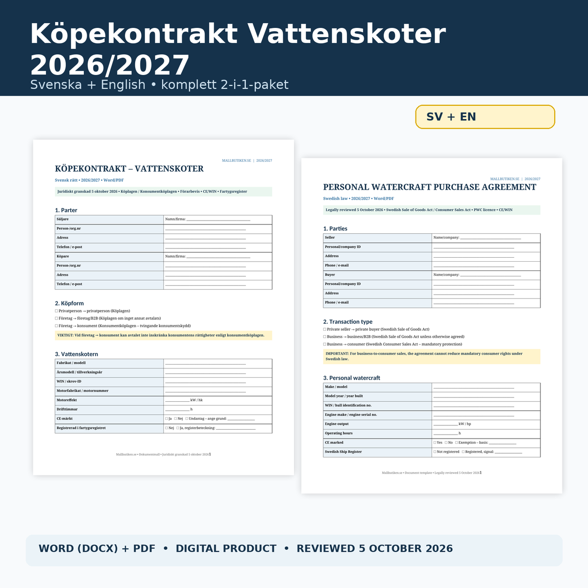 Köpekontrakt vattenskoter 2026/2027 svenska engelska Word PDF mallpaket