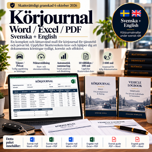 Körjournal – svensk och engelsk Word/Excel/PDF-mall med användarguider