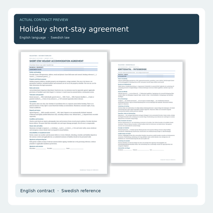 Holiday short-stay rental agreement under Swedish law – actual English and Swedish contract preview