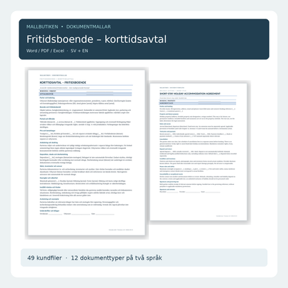 Korttidsavtal för fritidsboende – svenska och engelska dokumentmallar Word PDF Excel med riktiga dokumentsidor