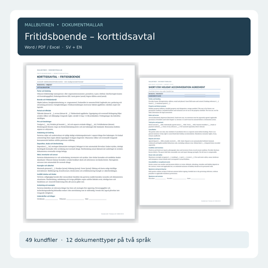 Korttidsavtal för fritidsboende – svenska och engelska dokumentmallar Word PDF Excel med riktiga dokumentsidor
