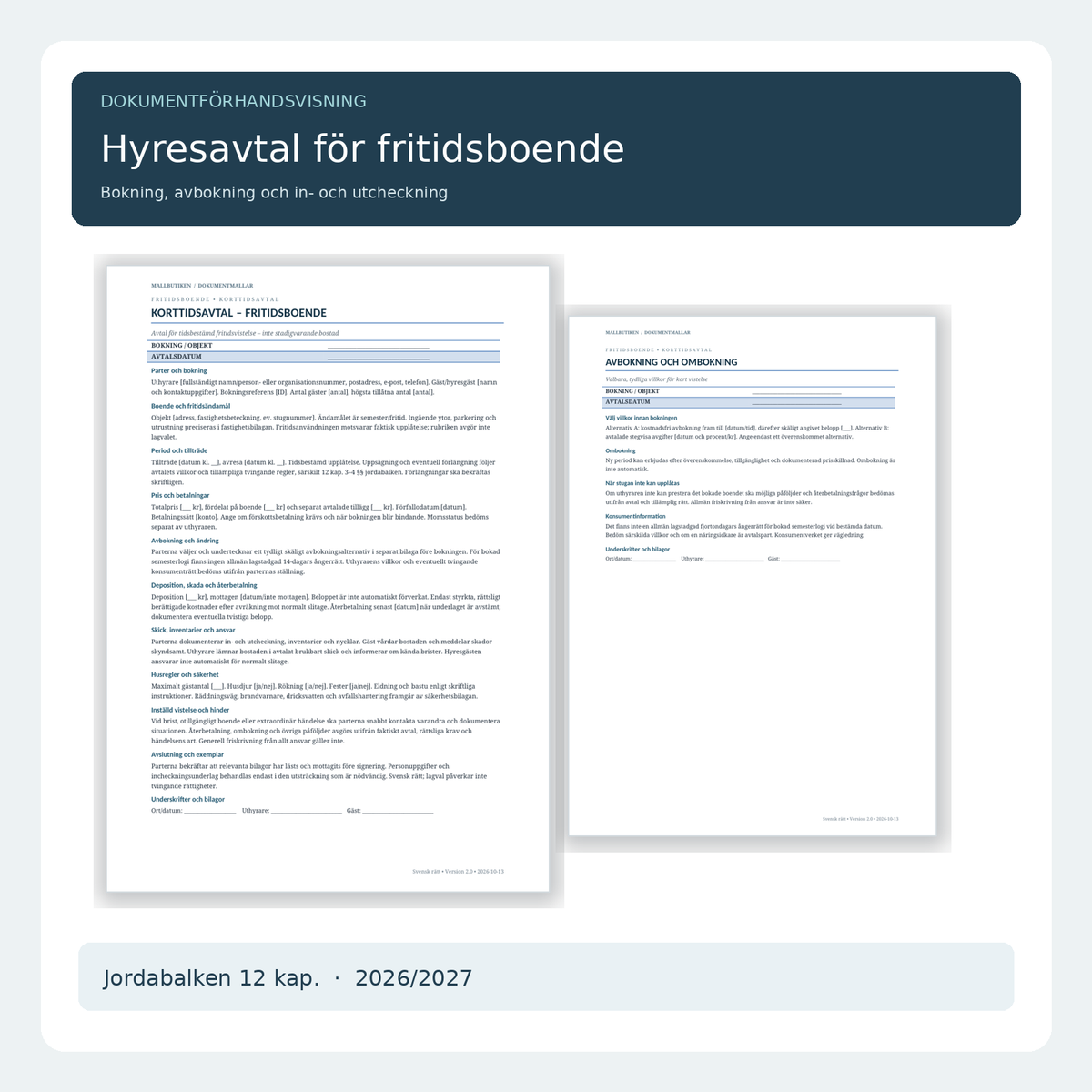 Hyresavtal fritidsboende korttidsavtal – svensk Word PDF-mall och faktiska avbokningsvillkor för semesterboende