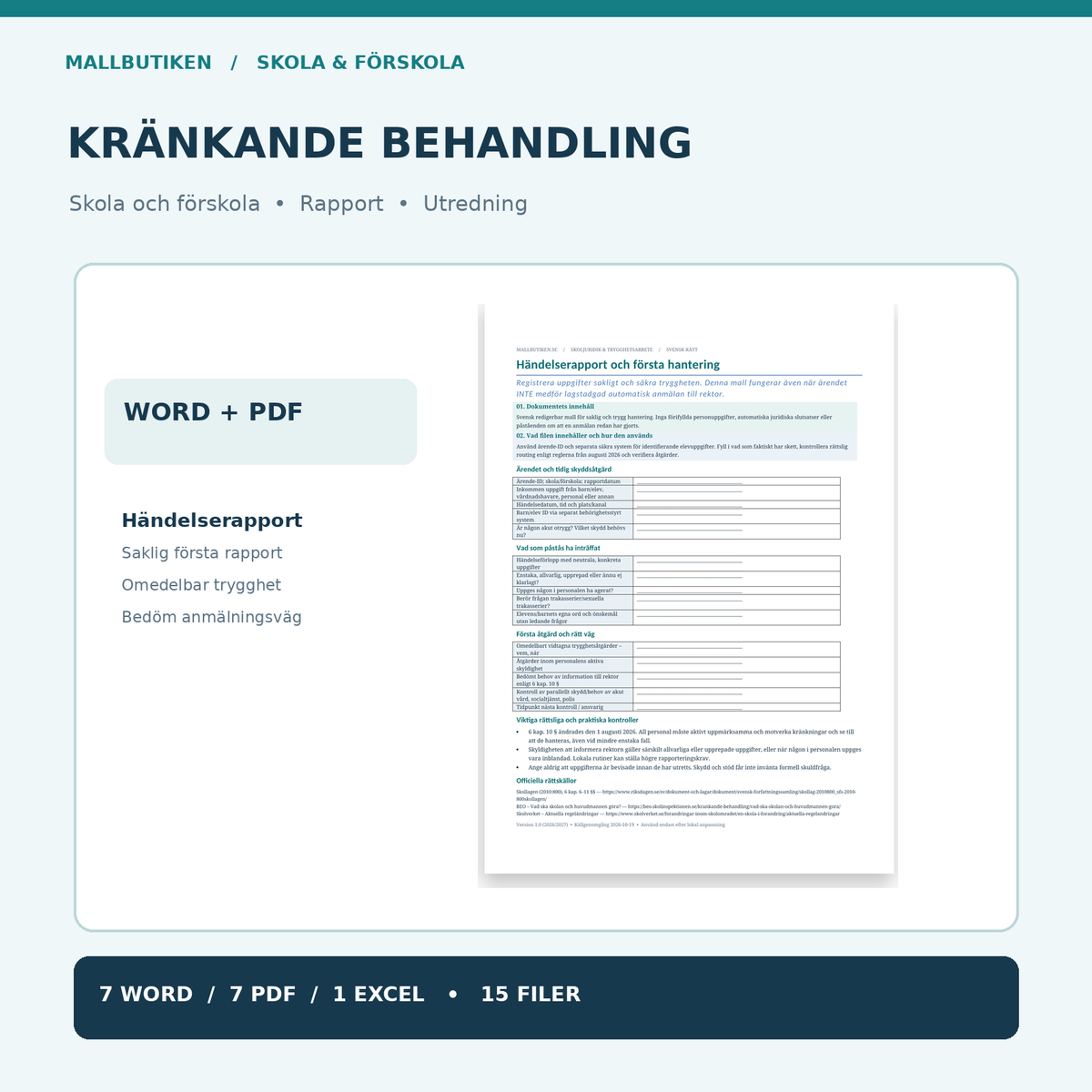 Kränkande behandling skola och förskola – verklig händelserapport Word PDF i kvadratisk produktbild