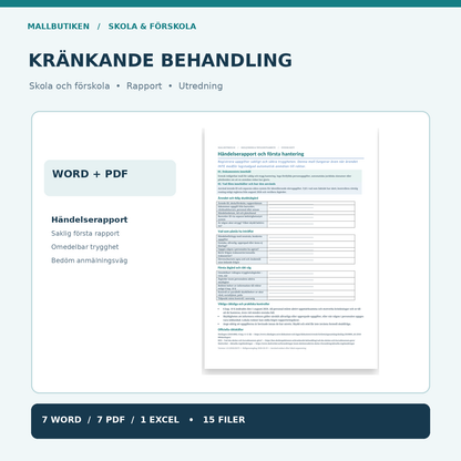 Kränkande behandling skola och förskola – verklig händelserapport Word PDF i kvadratisk produktbild