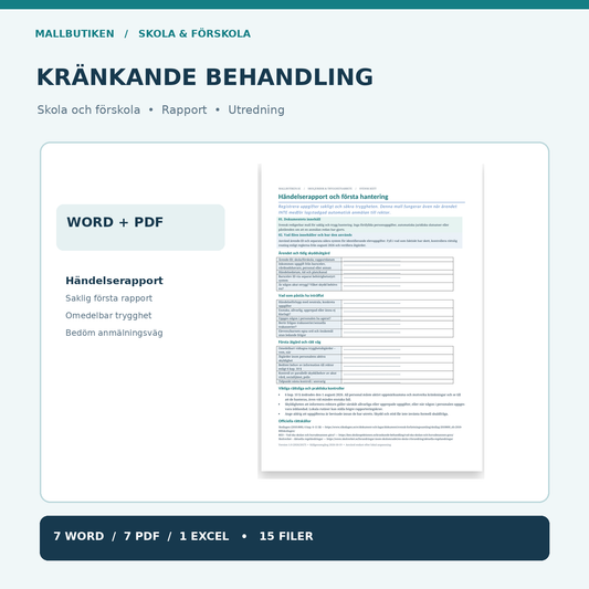 Kränkande behandling skola och förskola – verklig händelserapport Word PDF i kvadratisk produktbild