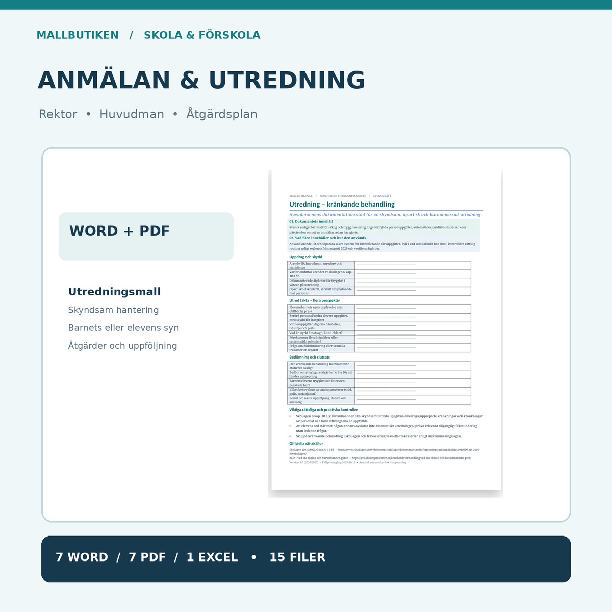 Anmälan och utredning kränkande behandling – verklig utredningsmall och åtgärdsplan Word PDF