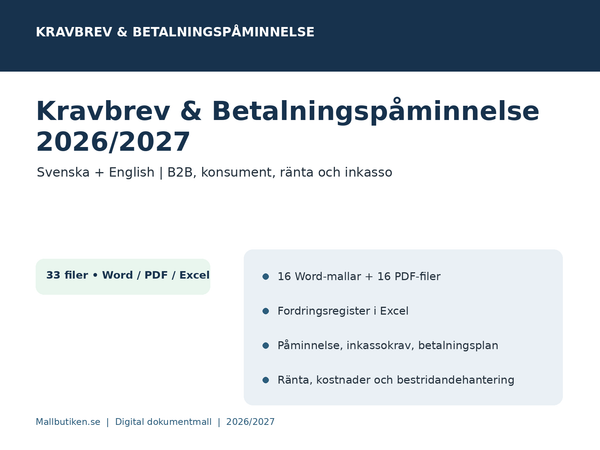 Kravbrev och betalningspåminnelse 2026 2027 svenska engelska Word PDF Excel