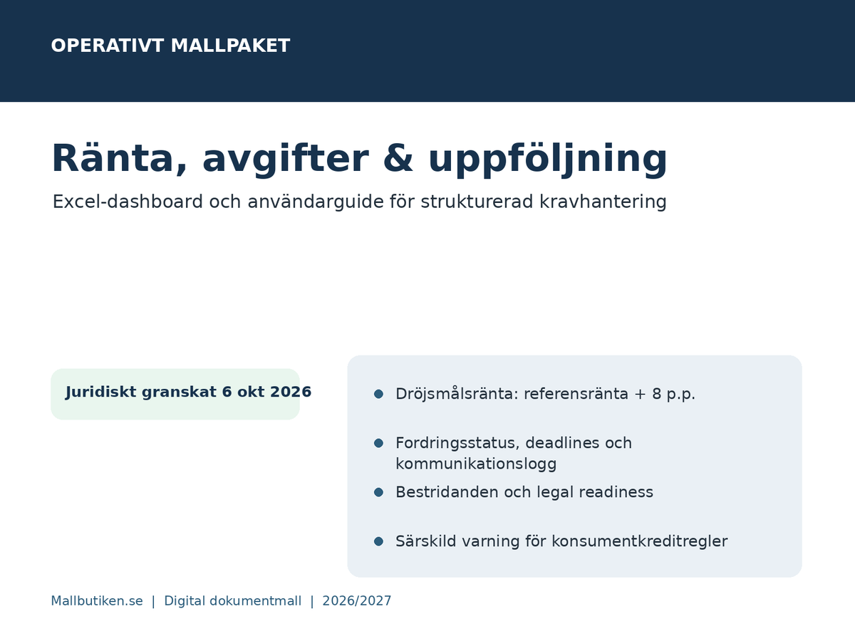 Dröjsmålsränta kravbrev Excel register användarguide 2026 2027